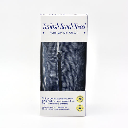 Turkish Beach Towel with Zipper Pocket - Navy