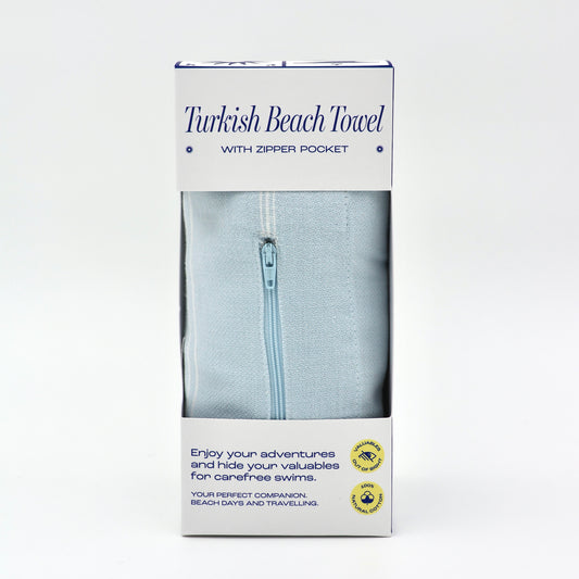 Turkish Beach Towel with Zipper Pocket - Baby Blue