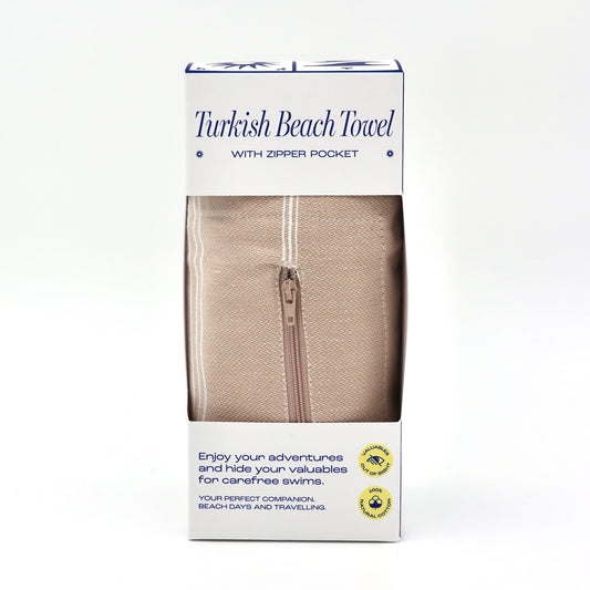 Turkish Beach Towel with Zipper Pocket - Beige