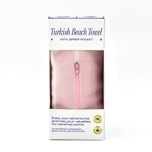 Turkish Beach Towel with Zipper Pocket - Baby Pink