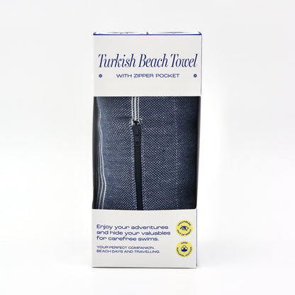 Turkish Beach Towel with Zipper Pocket - Navy