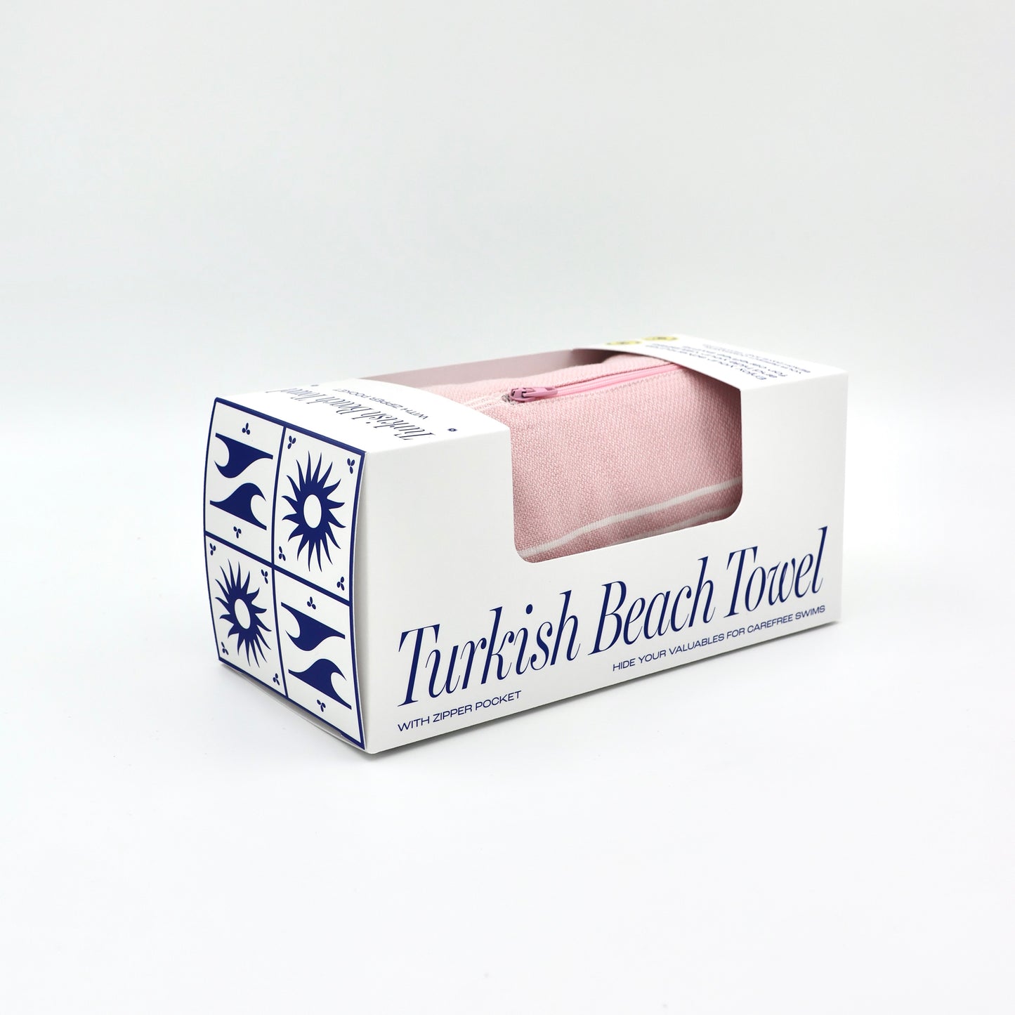 Turkish Beach Towel with Zipper Pocket - Baby Pink