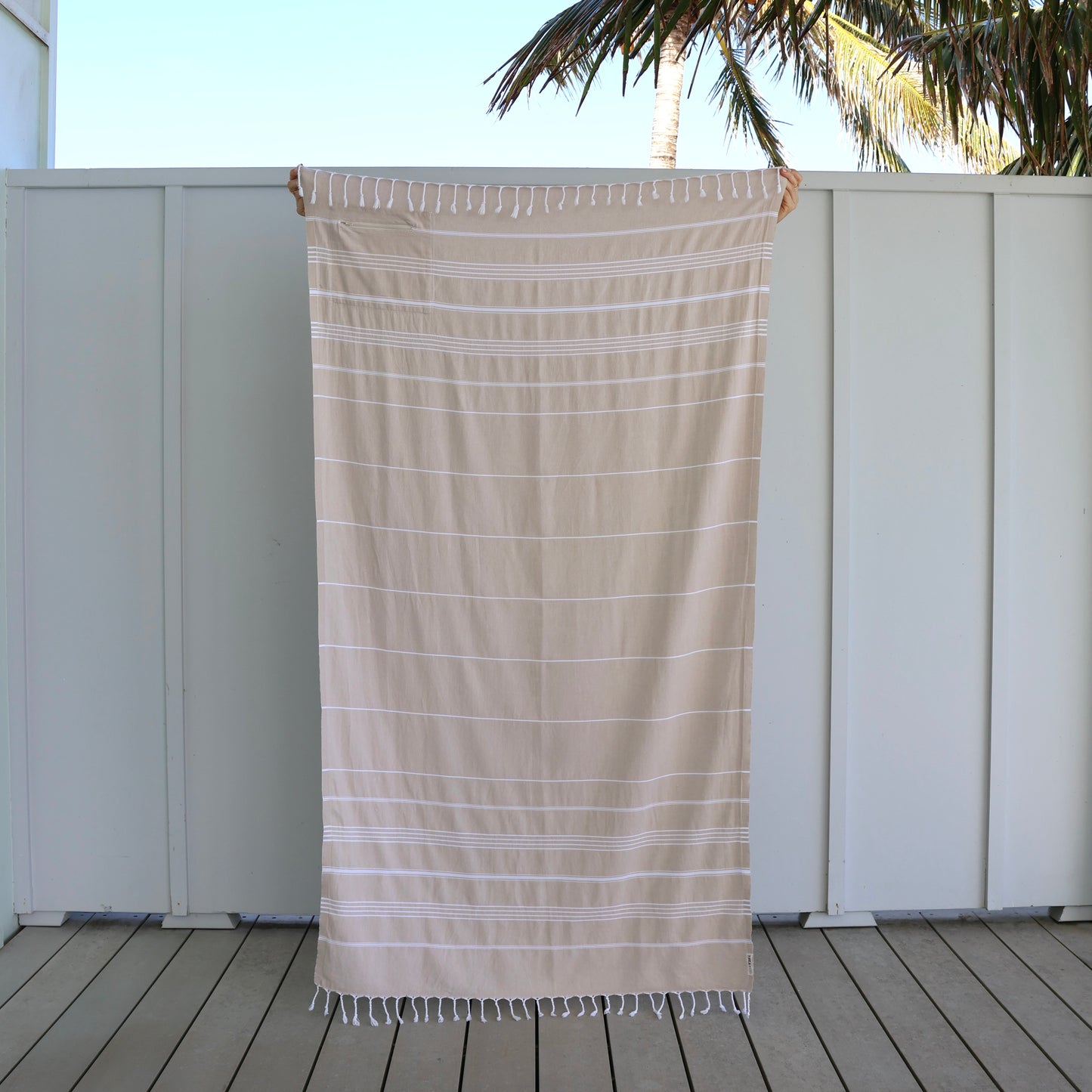Turkish Beach Towel with Zipper Pocket - Beige
